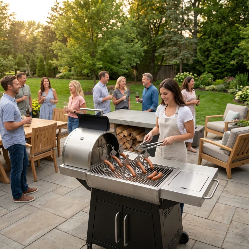 A host grilling with Original Grill Pal while friends gather in the garden
