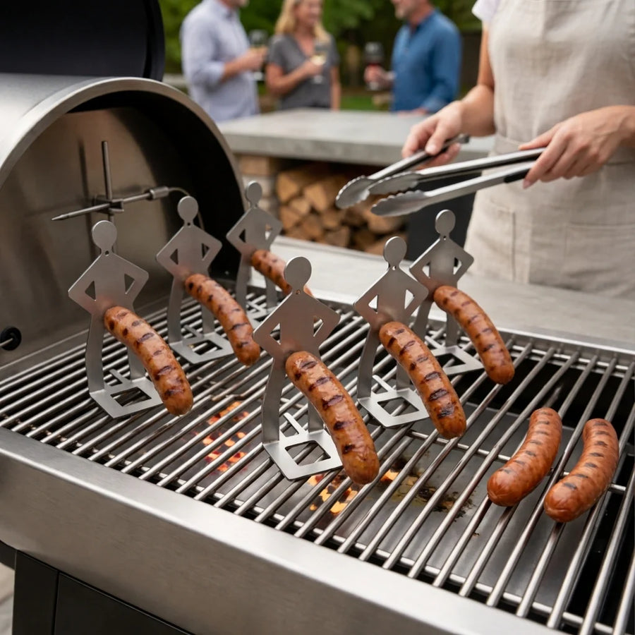 Original Grill Pal holders supporting browned sausages on an open grill