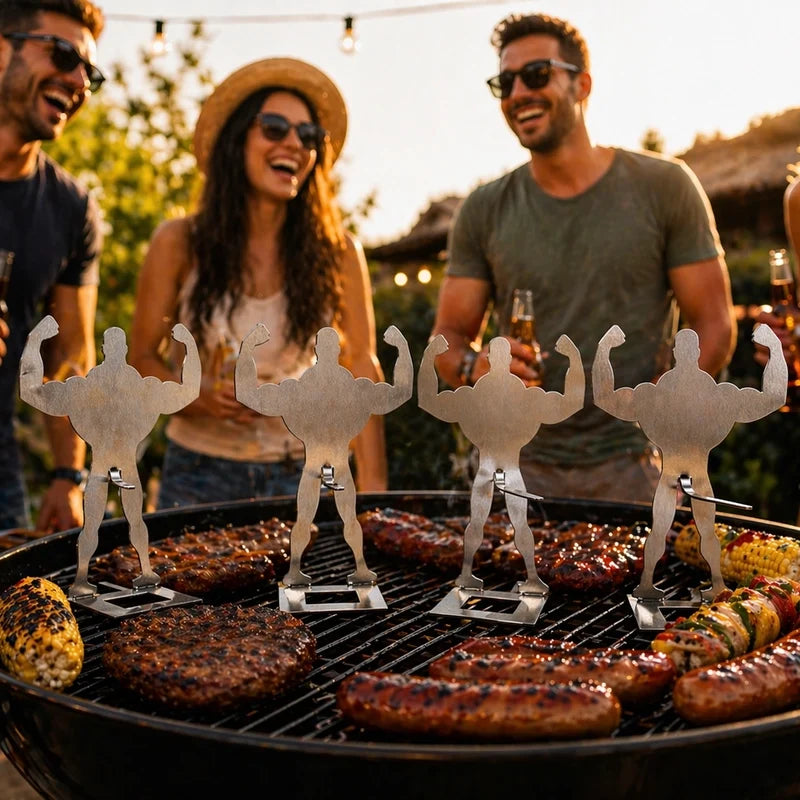 Friends laughing behind Strongman Grill Pal holders on a barbecue