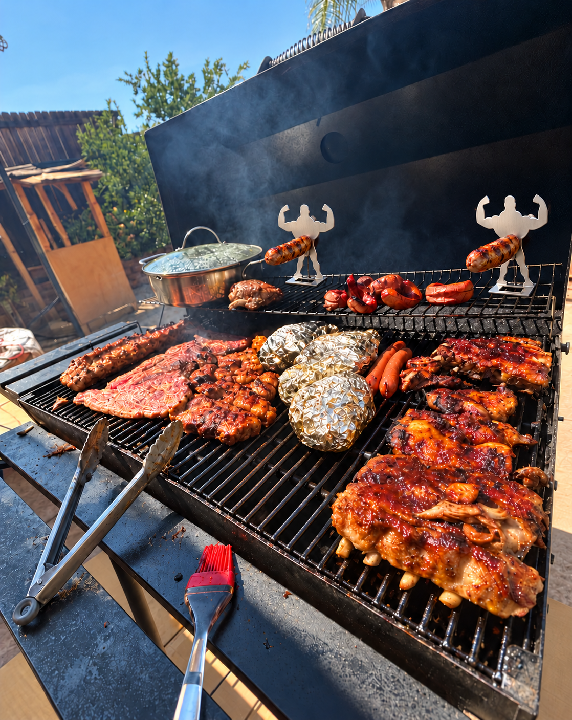 Two Strongman Grill Pal holders with roasted sausages on the upper rack of an open backyard barbecue